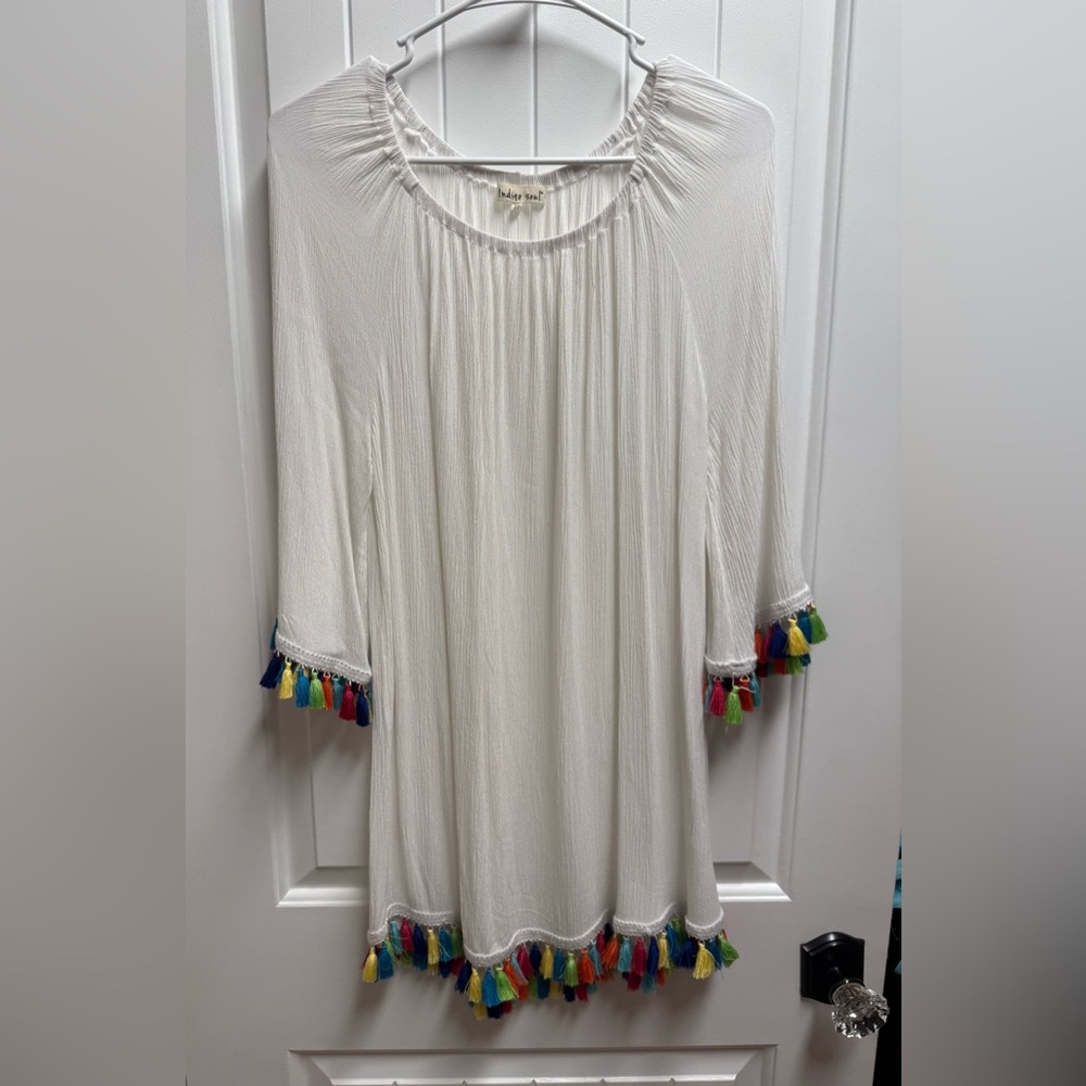Indigo Soul Boho Blouse Size Medium Fringe Pompoms  Bell Sleeve Elastic Neck